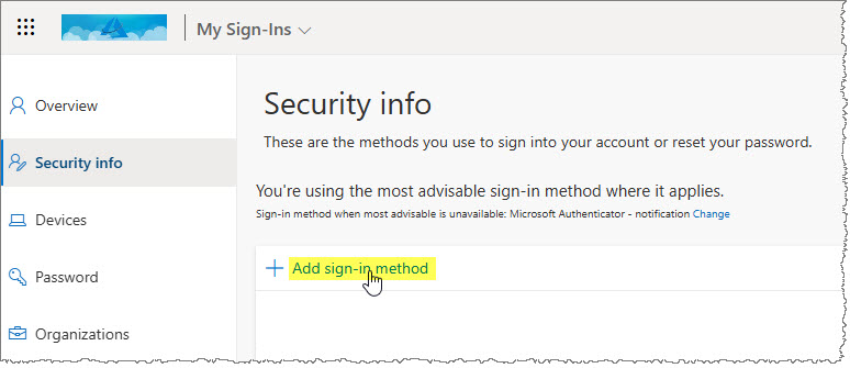 Account Security Info -> Add sign-in method